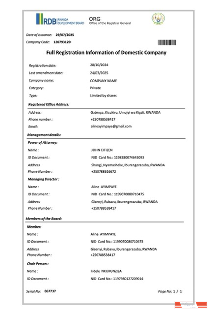 Rwanda full registration information of domestic company Word and PDF template
